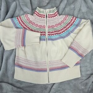 Womens XL Fair Isle Full Zip Cardigan Sweater Cream Pink Blue Warm Winter Cozy